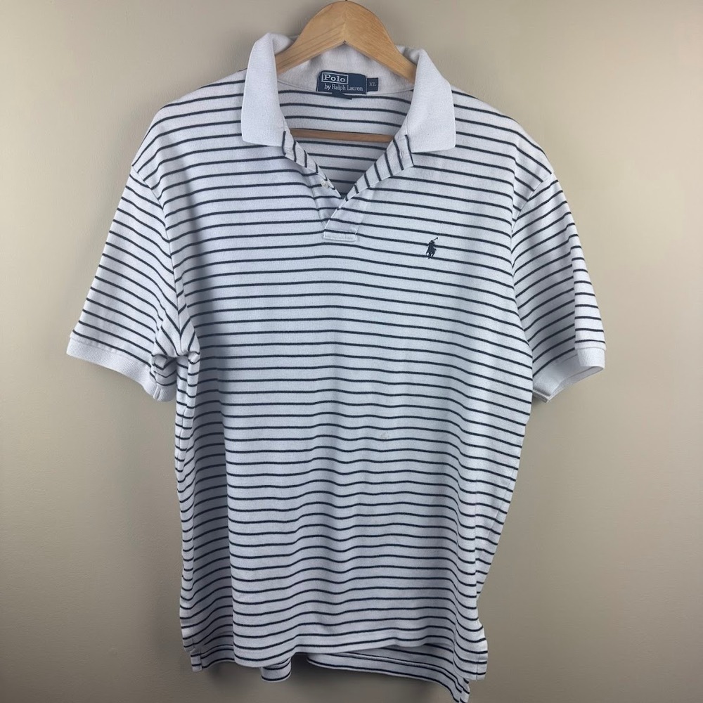 Polo Ralph Lauren XL Striped Polo Shirt White Navy Blue Short Sleeve 100% Cotton